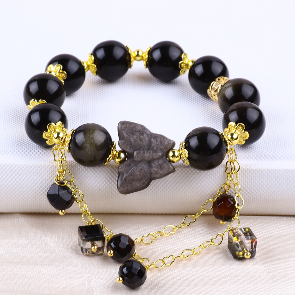 Semi-Precious Stone Golden Obsidian With Silver Obsidian Butterfly Round Shape Bead Bracelet