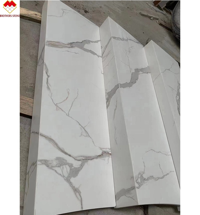 Indoor Stairs Made of Artificial Stone with Calacatta Pattern and LED Lighting Cover