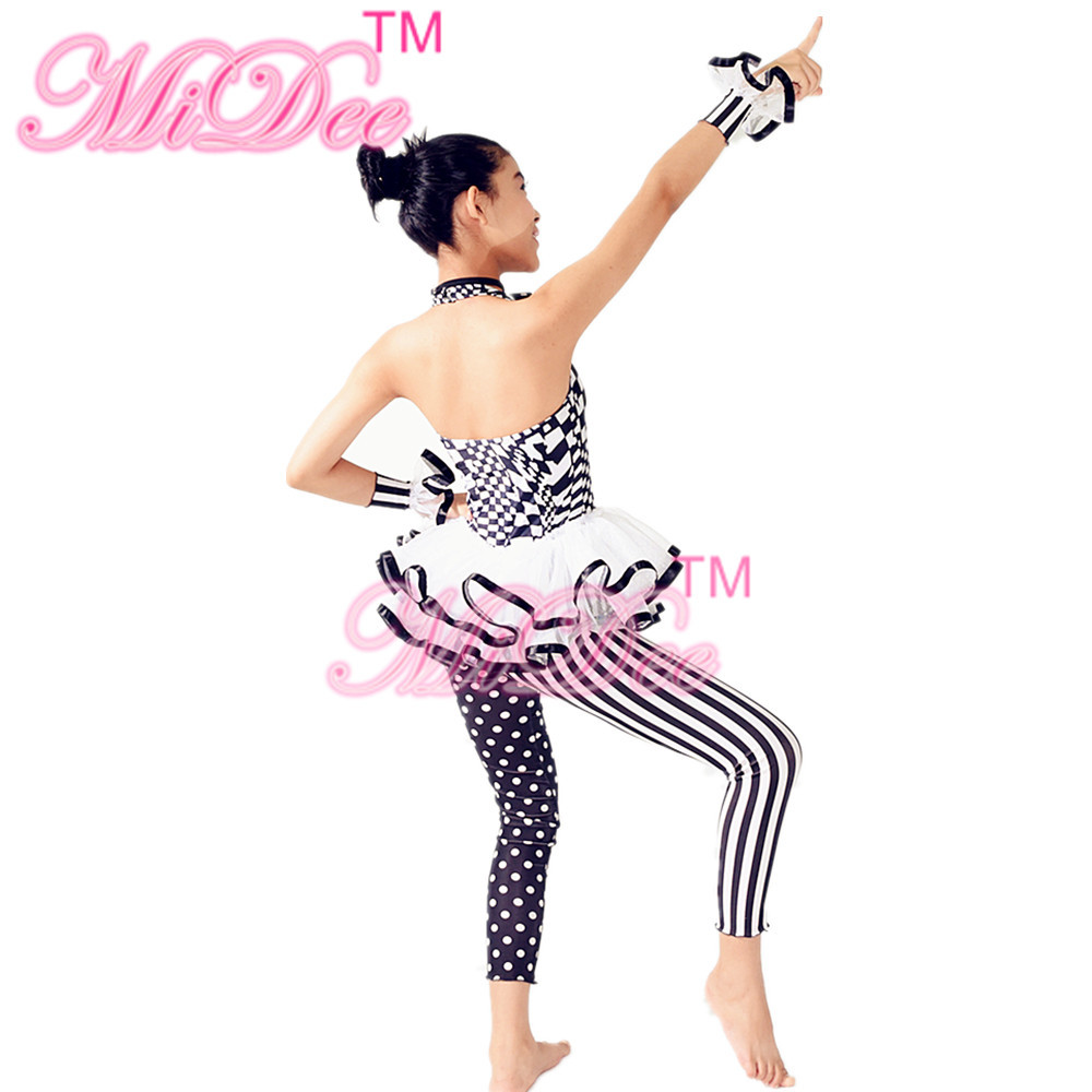 White Black Dance Competition Wear Magic Sleeveless Bodice Cercle Collar Skirt Tiers Leotard