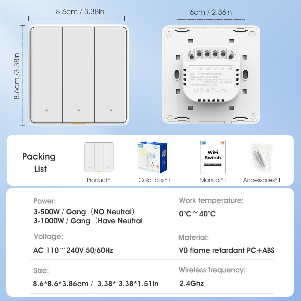 Tuya WiFi RF433 Smart Wall Switch, 110-250V, No Neutral Wire Required, Voice Control with Alexa, Google Home, Tmall Genie, and App Timing Features