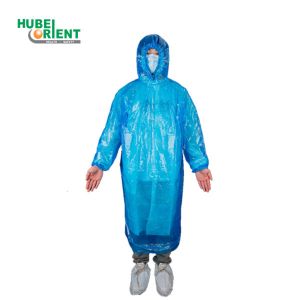Blue/White Elastic Cuffs Hooded PE Plastic Disposable Raincoat Waterproof
