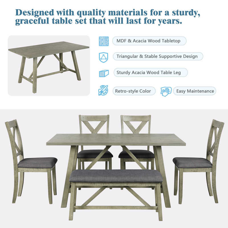 60inch length 6 Piece Dining Room Table And Chair Set Gray Color