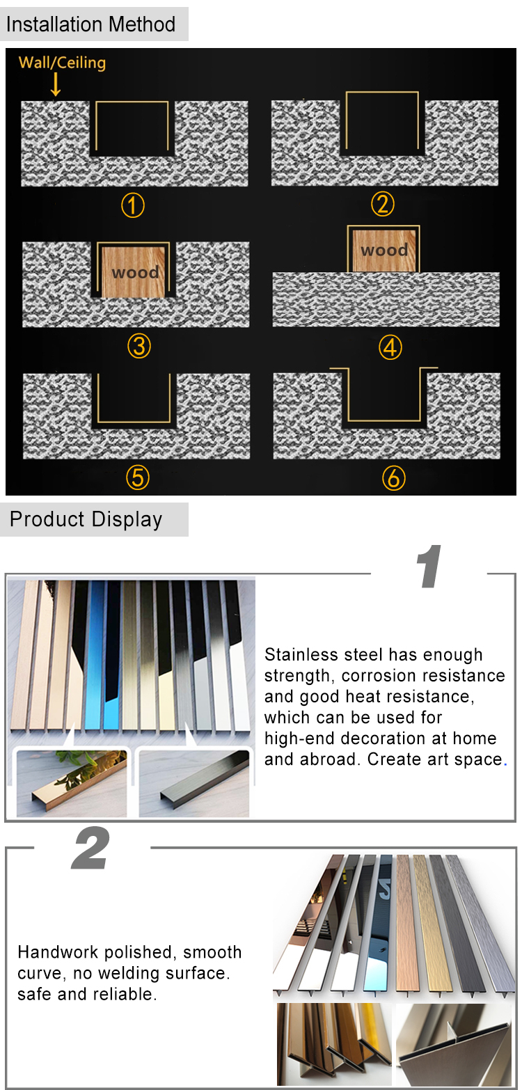 L2023 High Quality Free Sample Stainless Steel Tile Trim Different Shape Polished SS Profile