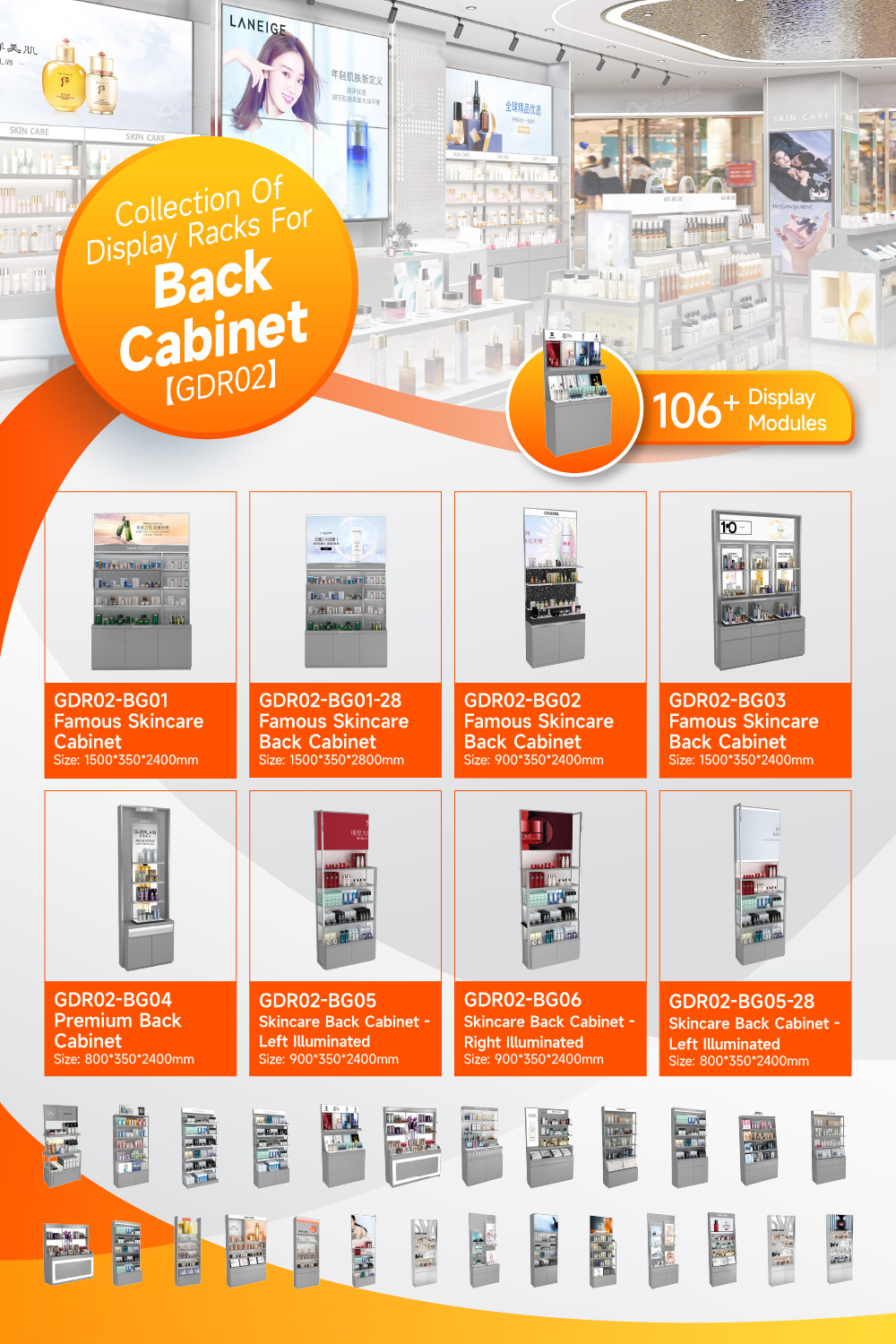 GDR02-BG02 Skincare Display Cabinet with Stainless Steel Tube and 60mm Soft Film Light Box for Fashion Boutiques