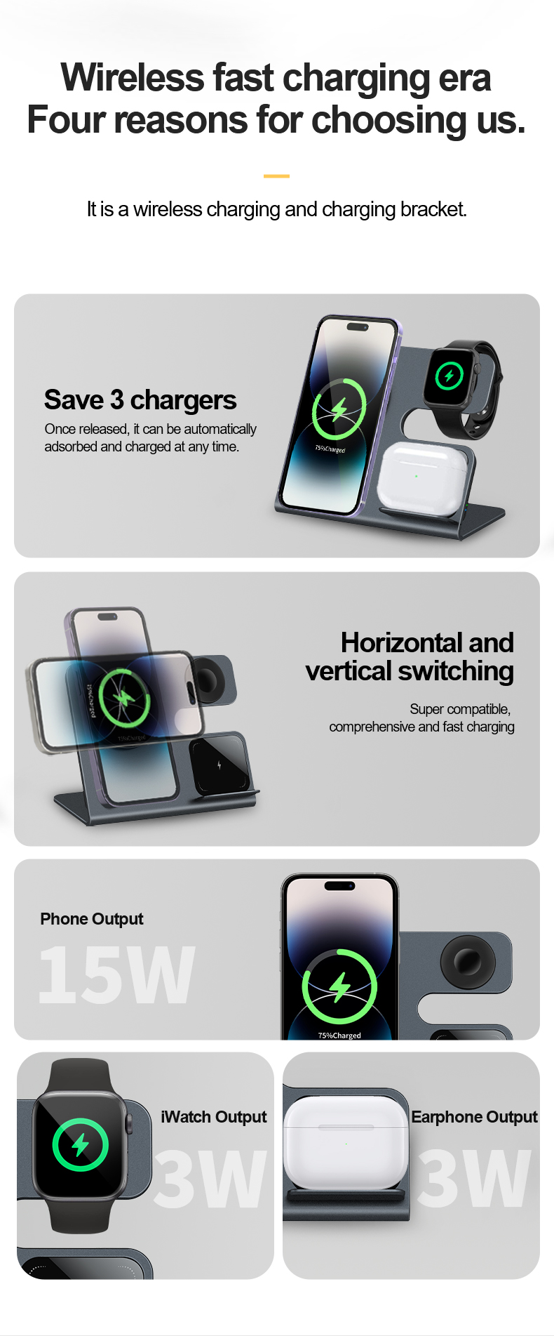 15W Magnetic Wireless Charger 3 In 1 Wireless Charging Stand Cell Phone Charger Fast Charging Short Circuit Protection