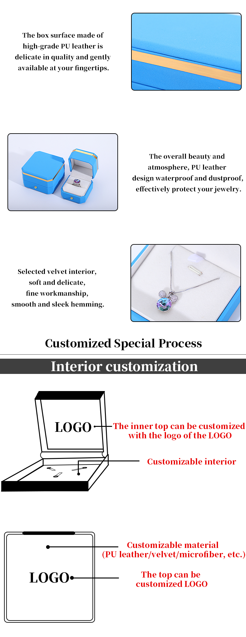 Blue PU Leather Gift Wrap Jewelry Box for Hanhong Octagonal Metal Button Custom Logo