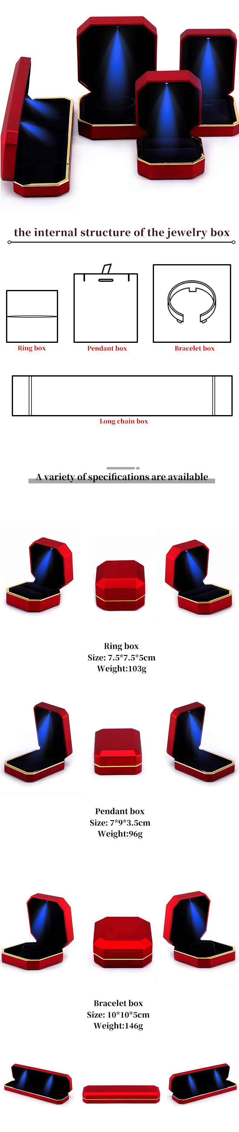 Red LED Velvet Jewelry Box for Customized Necklace Ring Packaging and Other Accessories