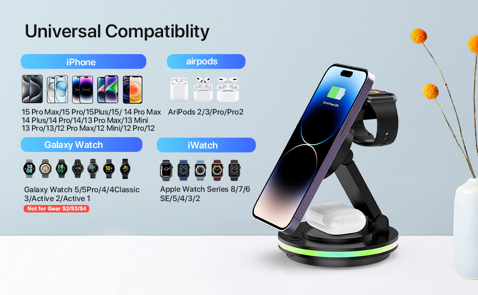 ABS PC 3 in 1 Foldable and Portable Magnetic Wireless Charger with Fast Charging