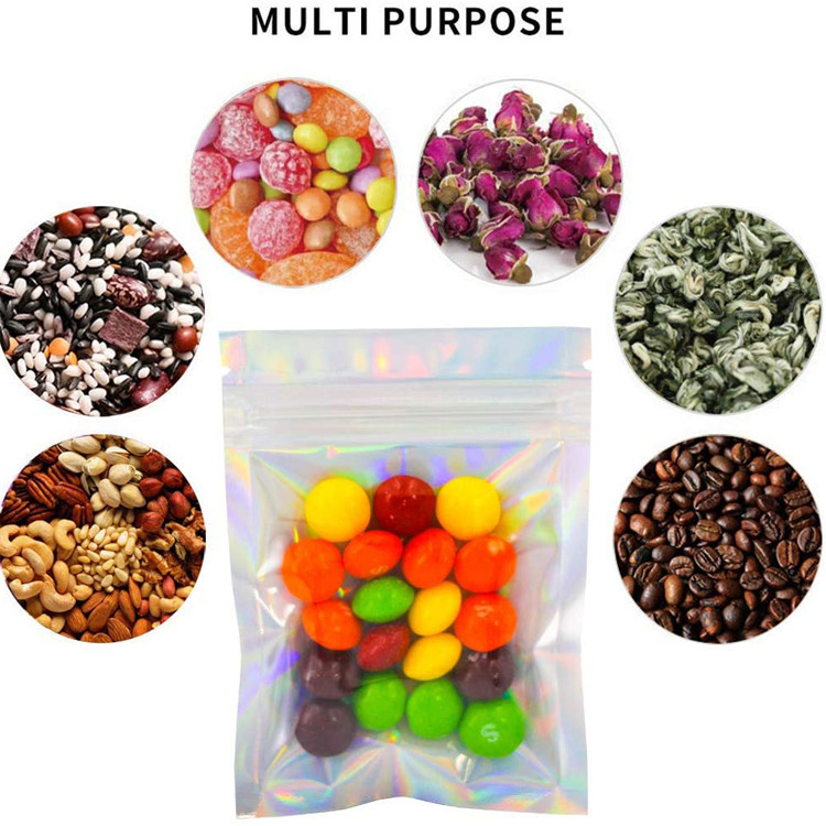 Custom Design Holographic Rainbow Clear Zipper Plastic Three Side Packaging Bag
