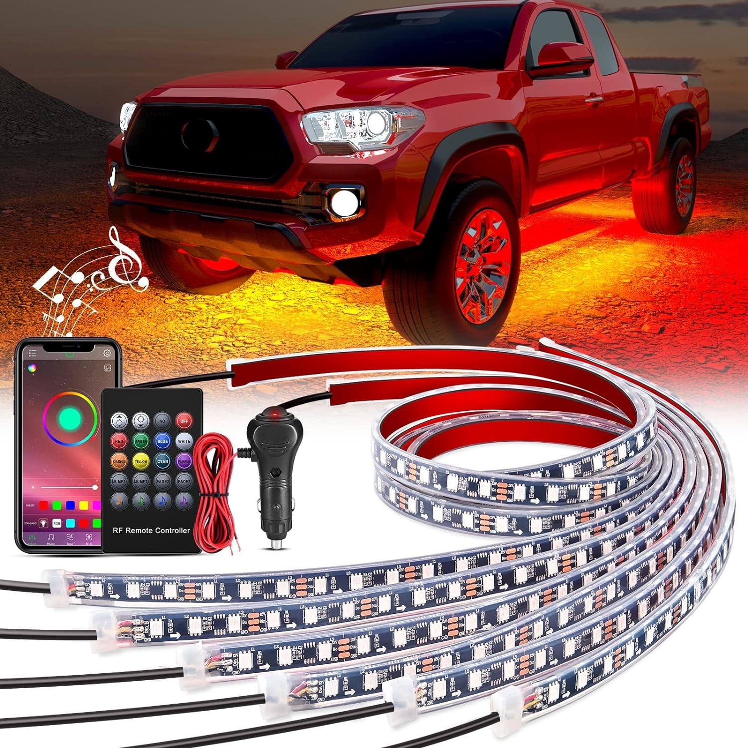 4pcs Car Underglow digital strip light Multi Color DIY Sound Active Function Music Mode with APP Control Remote Control