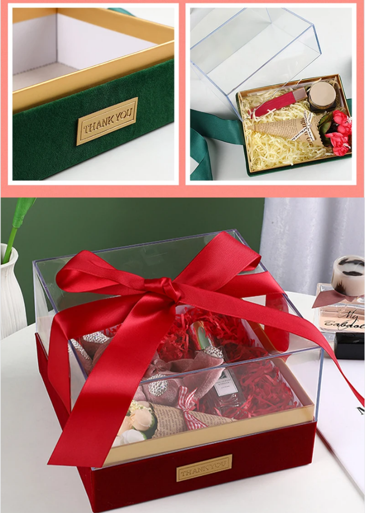Paper Gift Packing Box with Ribbon Custom Acrylic Cover Lid Transparent Chocolate Box