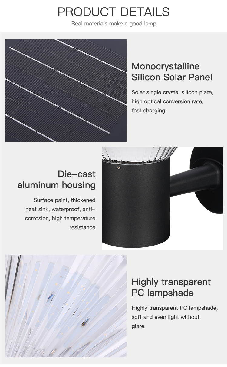 3000K Aluminum Solar Sensor Wall Lamp Light Optically Controlled For Outdoor Garden