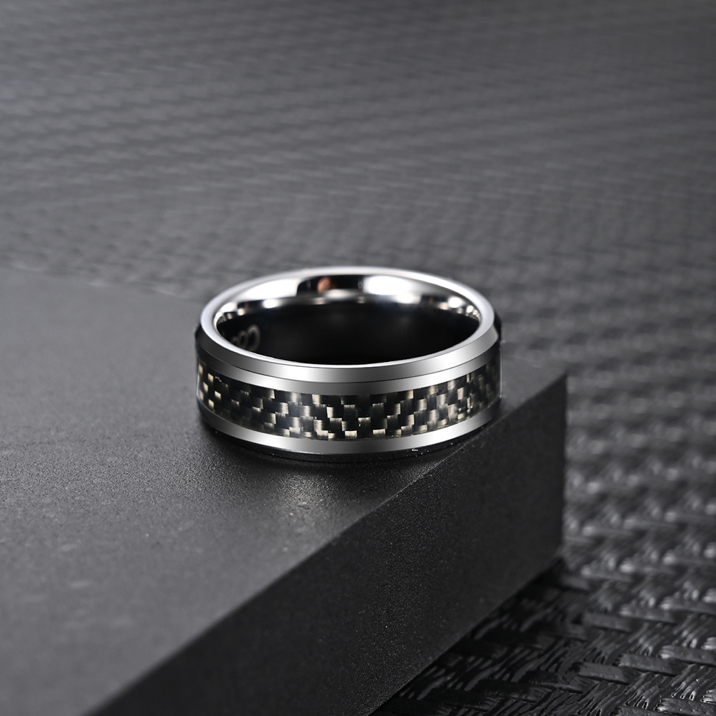Round Rotatable Polish Black Silver Simple Men Rings Stainless Steel And Carbon Fiber Rings