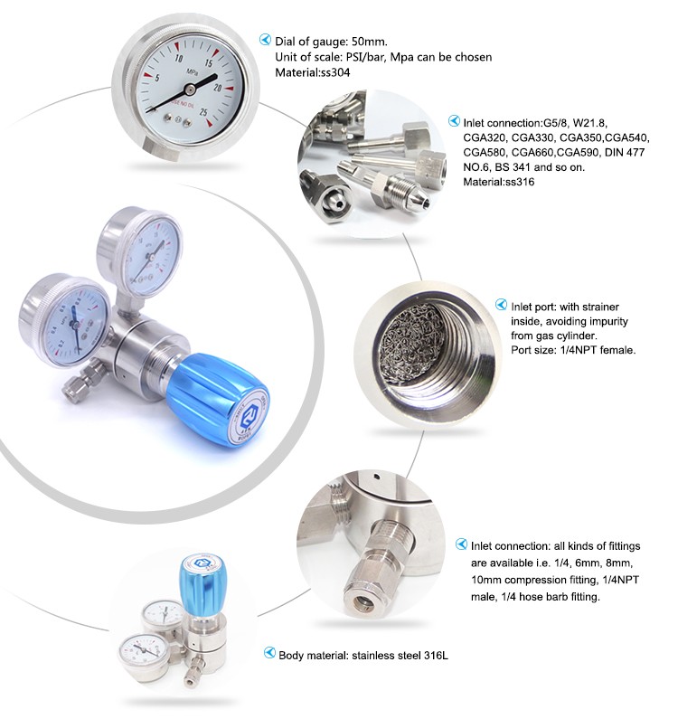 High Pressure Piston Type Stainless Steel Oxygen Pressure Regulator