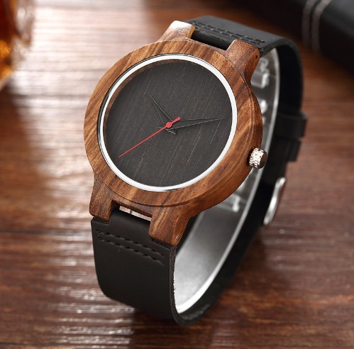 Simple Dial Wooden Quartz Watch With Leather Band And 2 Year Battery