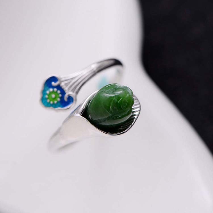 925 Sterling Silver Enamel Natural Jade Ring Open Adjustable Size (059850)