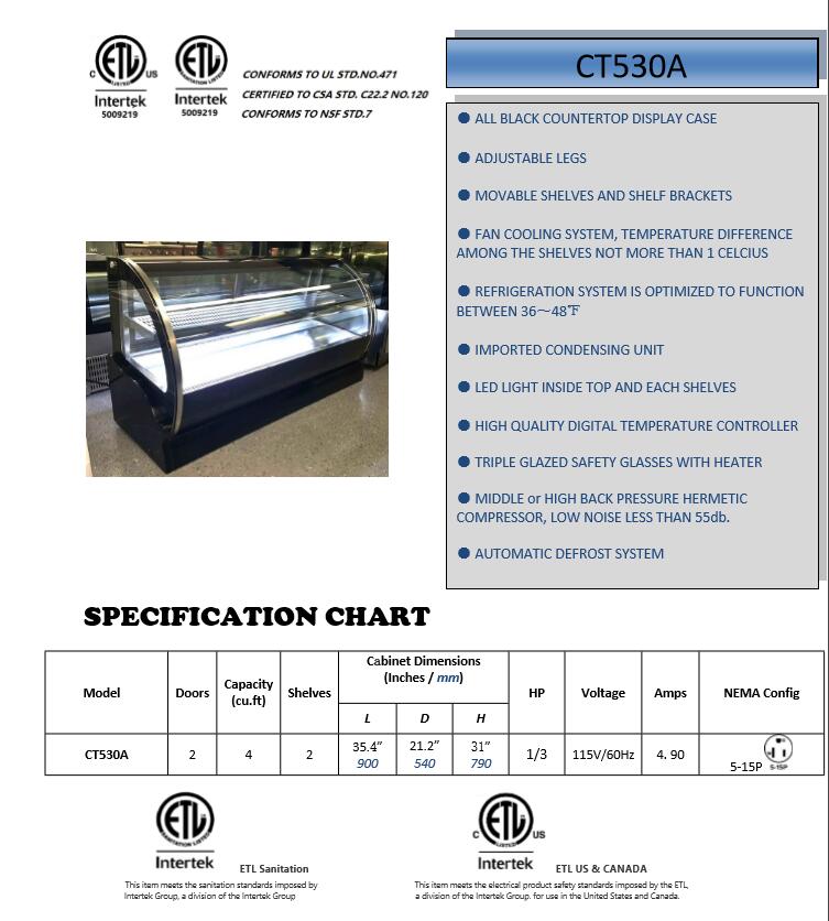 Single Temperature Countertop Refrigerated Bakery Display Case 110V 60HZ