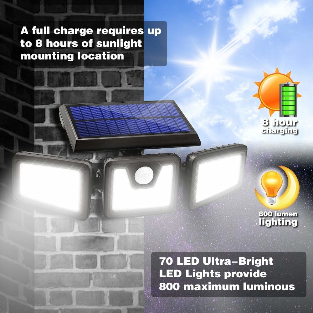 3 Head Solar Wall Light 800 Lumen Waterproof Motion Sensor Light IP65