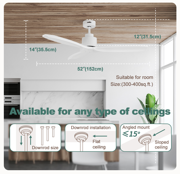 52 Inch White Solid Wood Blades DC Motor LED Ceiling Fan Not Equipped NO App-Controlled