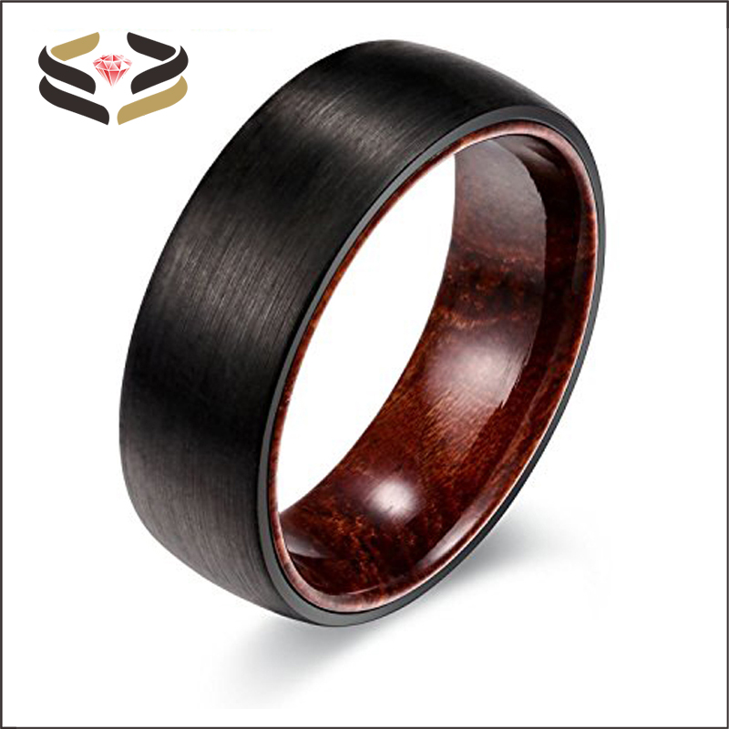 Mens Brushed Black Tungsten Wedding Ring Rosewood Inner 8mm With Invisible Setting