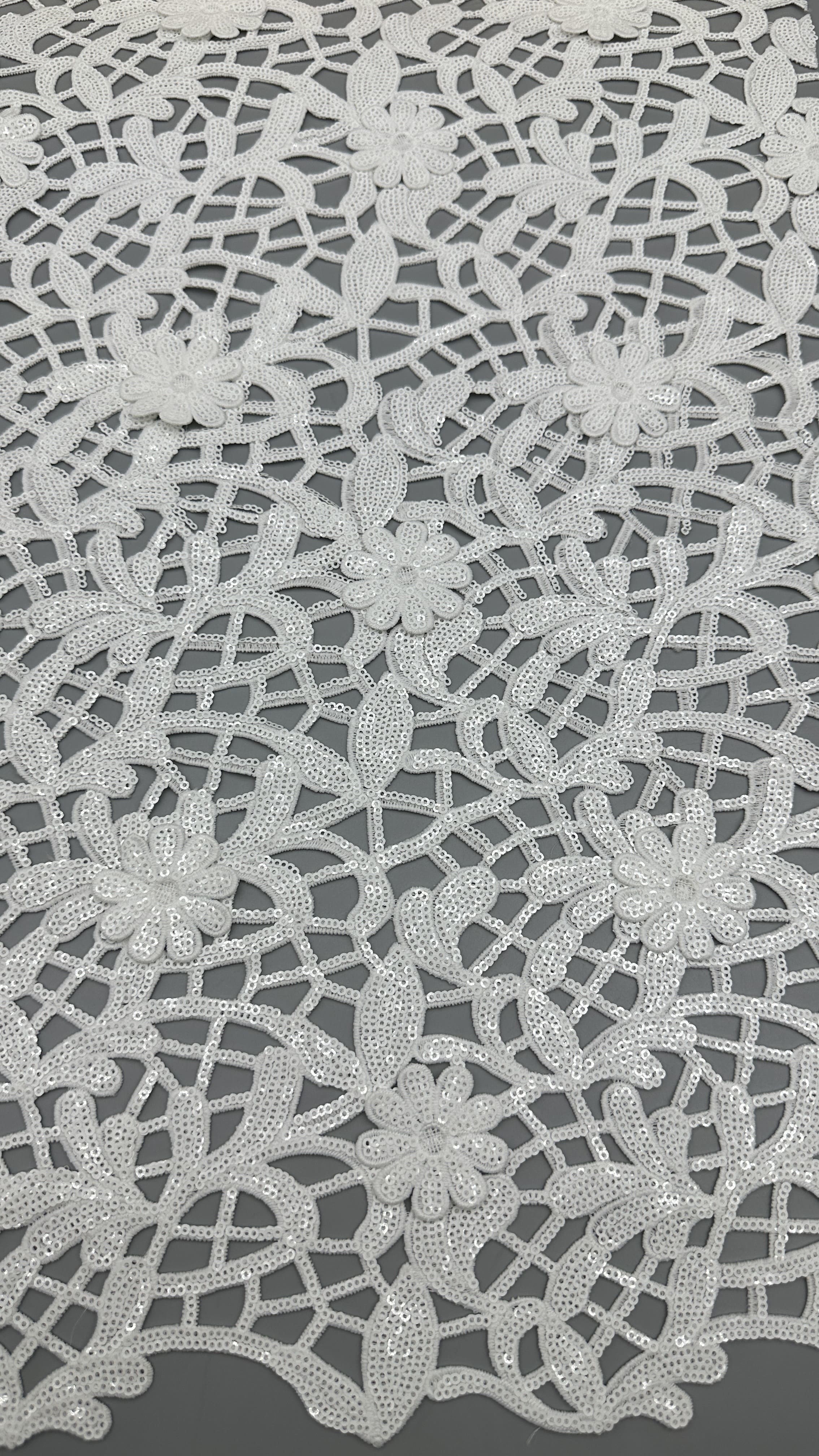 Crochet Lace Fabric White Sequin Embroidered Lace Fabric Leafy Luxury Occasion Wedding Fabric