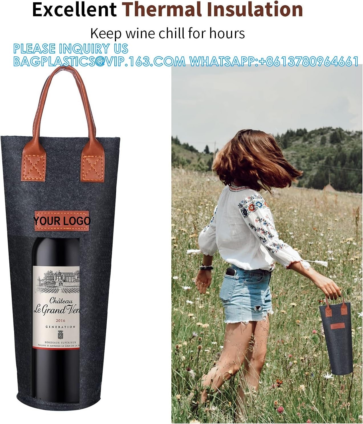 Single Felt Bottle Wine Tote, Bottle Wine Carrier Bag Padded Wine Perfect Wine Lover'S Wedding Gift (White & grey)
