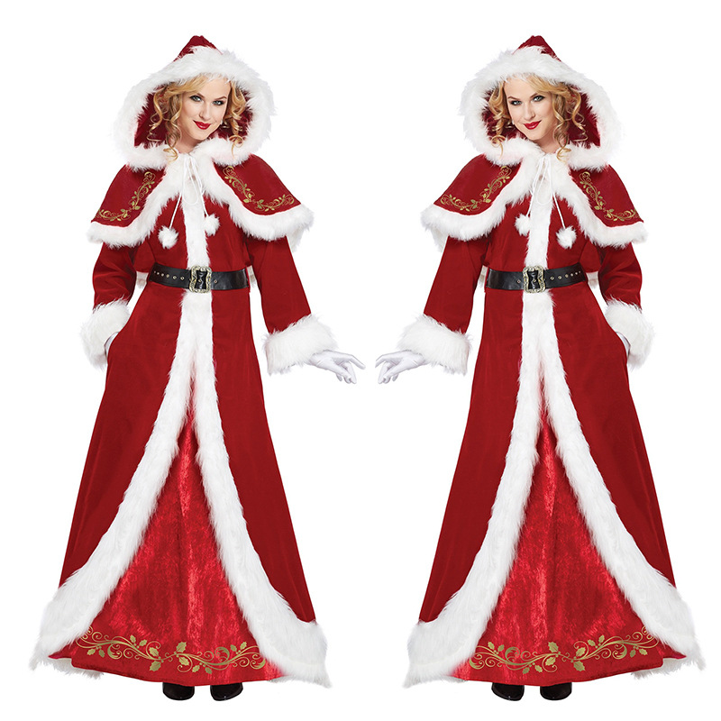 Adult Women's Christmas Costume Russian Red Queen's Long Dress with Hooded Shawl