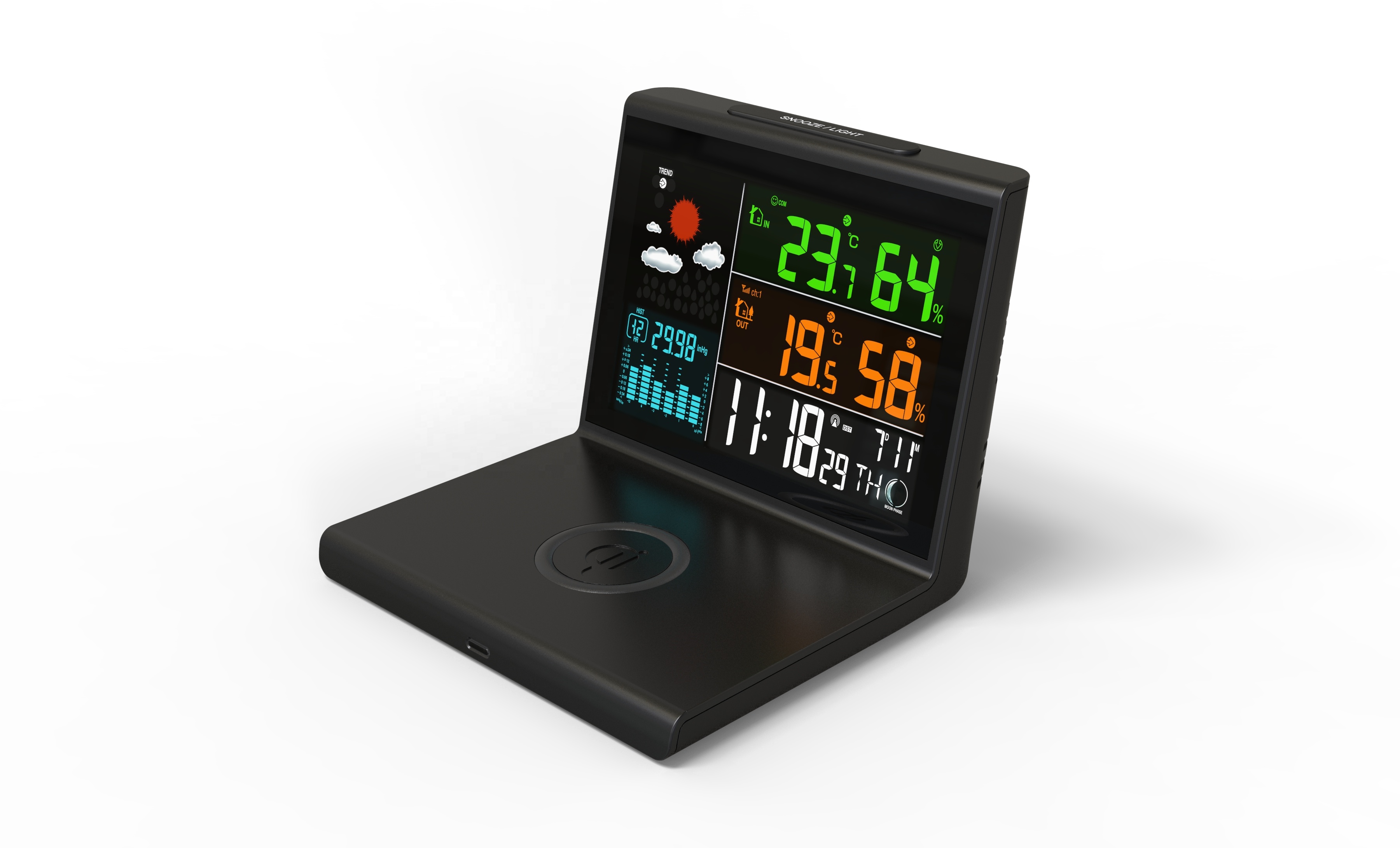 CE ROHS Home Weather Stations Plastic Wireless Weather Station With Wireless Charging Pad
