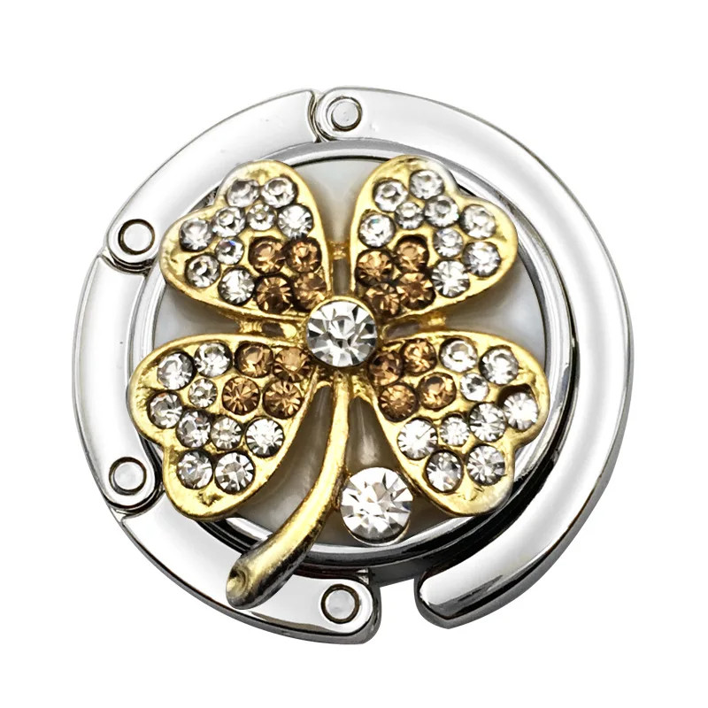 Custom Logo Metal Folded Round Purse Hooks Colored Diamond Clover Bag Hanger