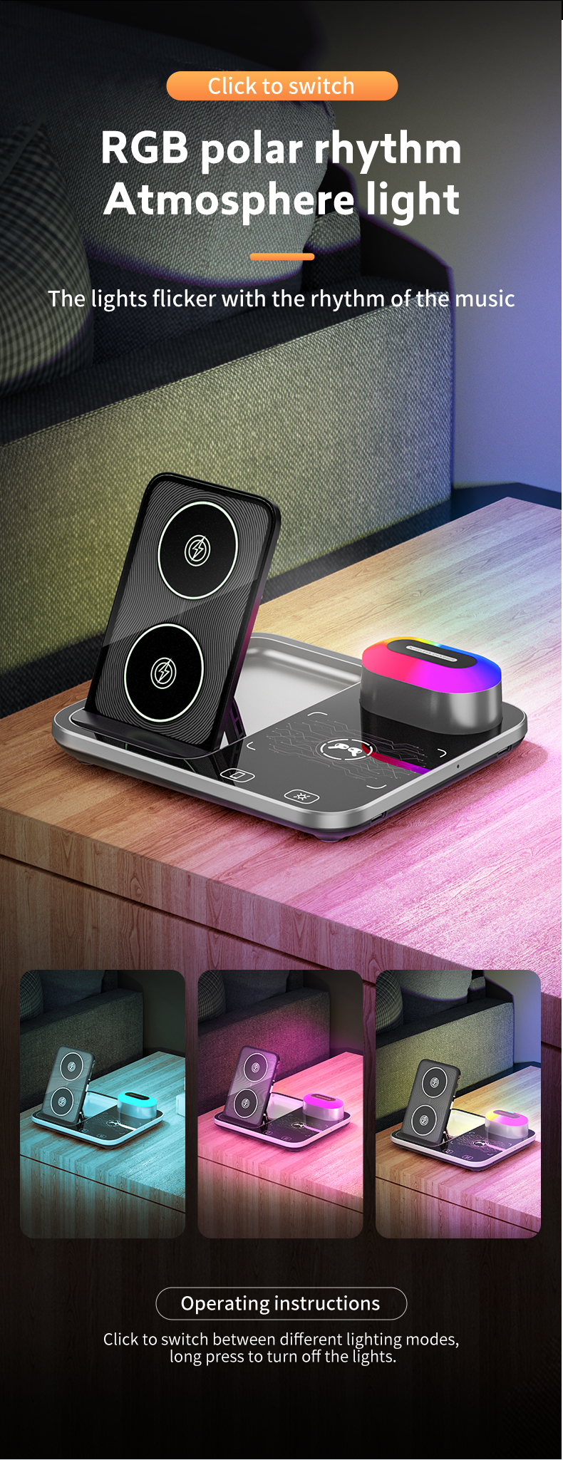 OEM 15W 10W Fast Qi LED Light 3 In 1 Wireless Charging Station For Mobile Phone Tablet