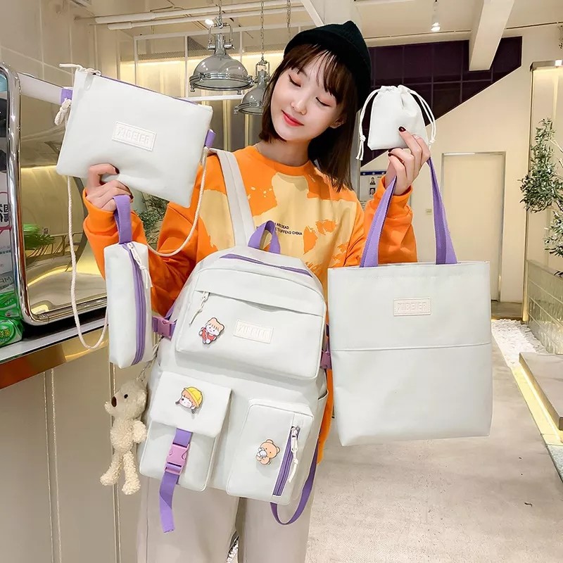 Girls School Bag Set Canvas 5 Piece Backpack Set Sling Pencil Bag ODM
