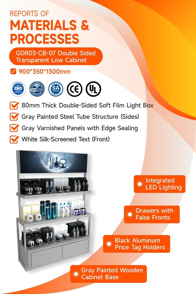GDR03-CB-07 Double Sided Transparent Low Cabinet With 80mm Soft Film Light Box And LED Strip Lights For Fashion Boutiques