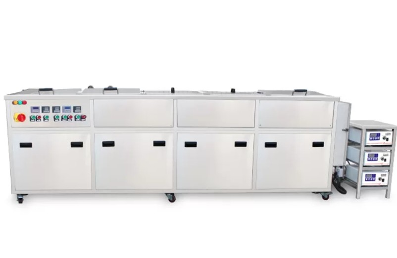 Three Soak Tanks Industrial Ultrasonic Cleaning Machine , 1200W Metal Belt Ultrasonic Cleaner