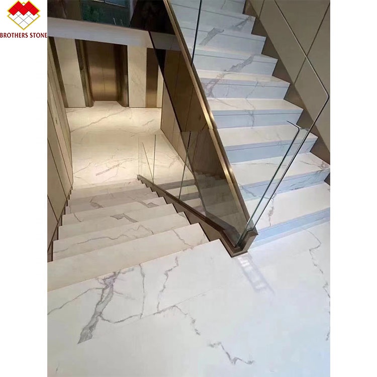 Customized White Marble Stair Step with Riser Designs Glass Railing in Spiral Design