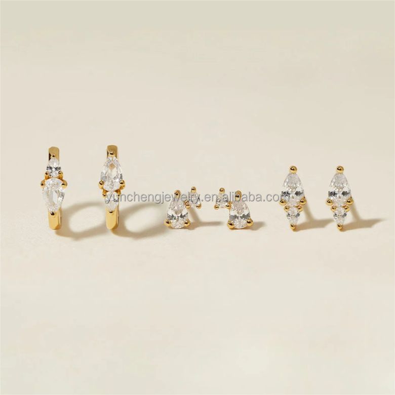 Three Pieces S925 Silver Zircon Earrings Pear Cut Cubic Zirconia Hoop Earrings