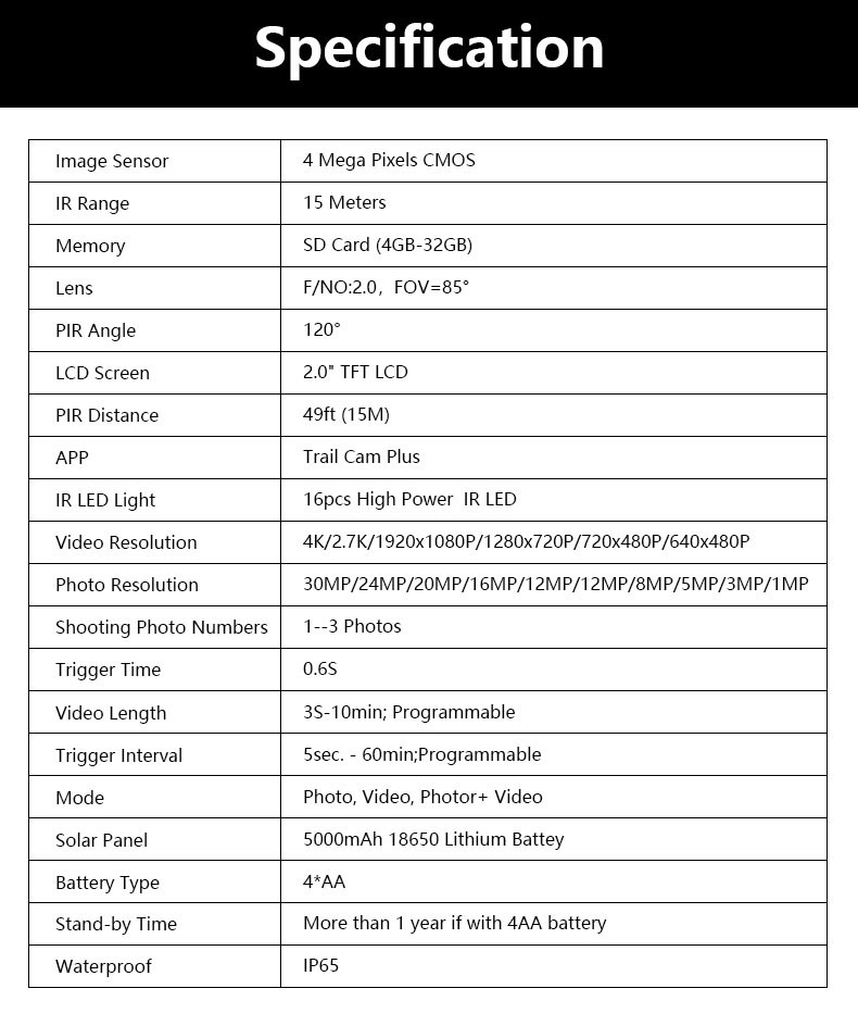 2.0" Color TFT LCD 42MP Hunting Game Camera Waterproof IP65 20 Meters Long Night Range