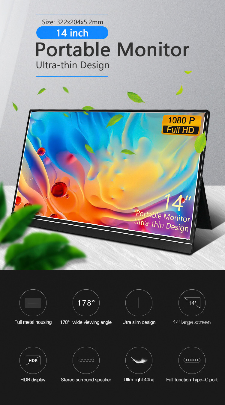300cd/M2 Multiple OSD Language 1920*1080 14 Inch Portable Monitor