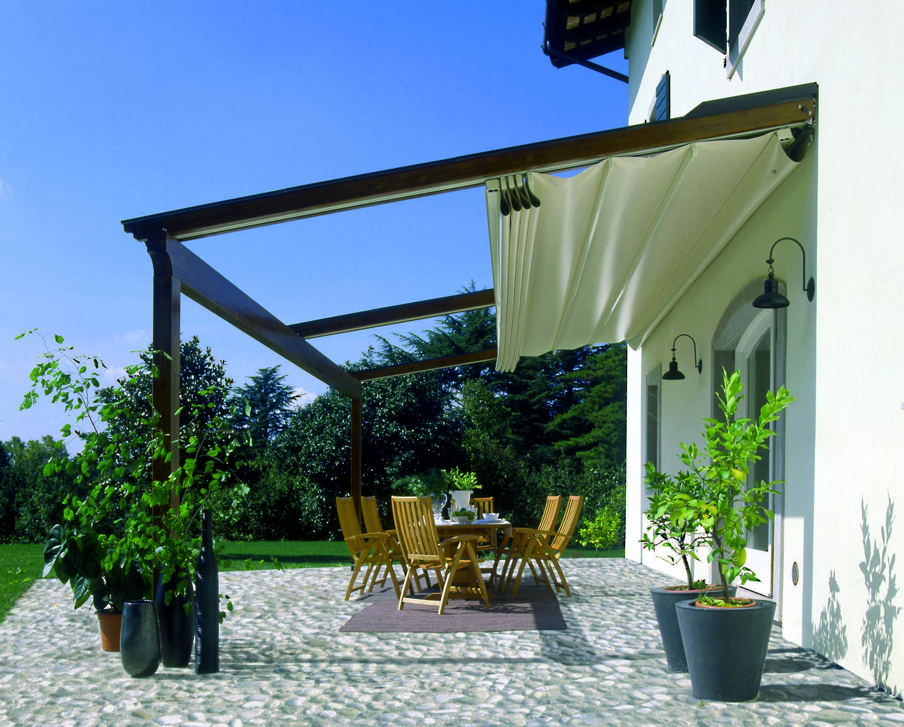 Retractable Modern Aluminum Pergola Waterproof Canopy Shade Cover Slide On Wire Roof