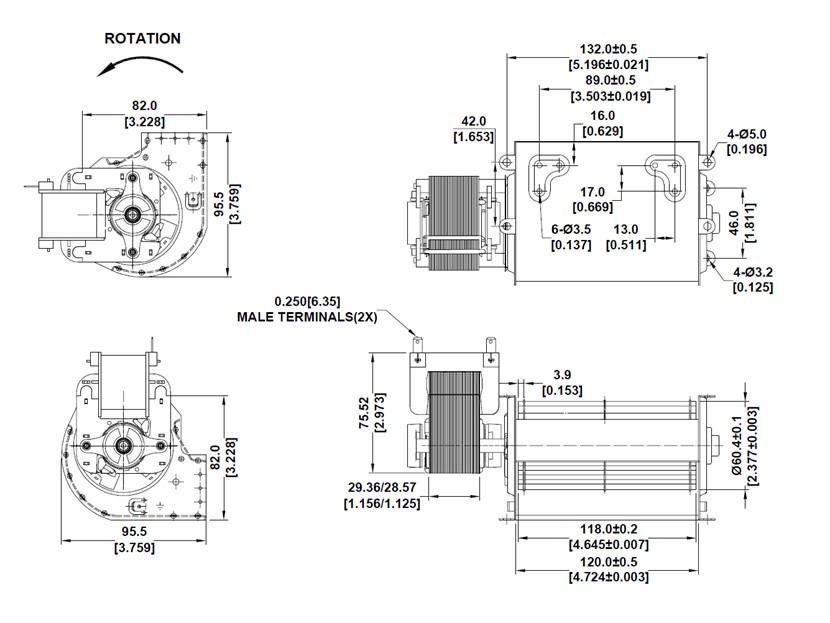 35W 0.53A Cross Flow Blower Fan 60mm X 120mm AC High Temperature Variable Mounting