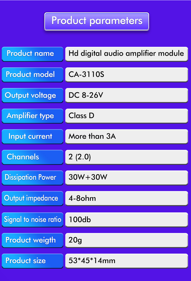 4-8ohm Output TPA3110 Digital Amplifier Audio Board for 2*15W 2.0 Channel Stereo Power