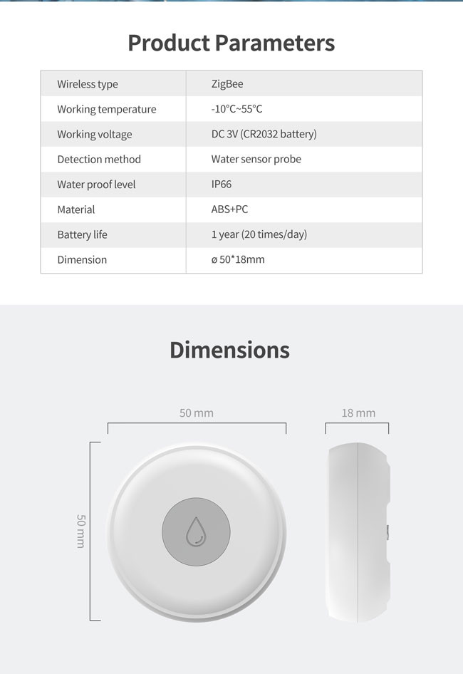 DC 3V Zigbee Water Leak Sensor 100m Communication Distance 15dBm Transmission Power