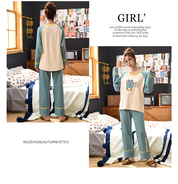 Pullover Long-Sleeved Pajamas Student Fresh Home Service Two-Piece Suit Korean Cotton Sleepwear