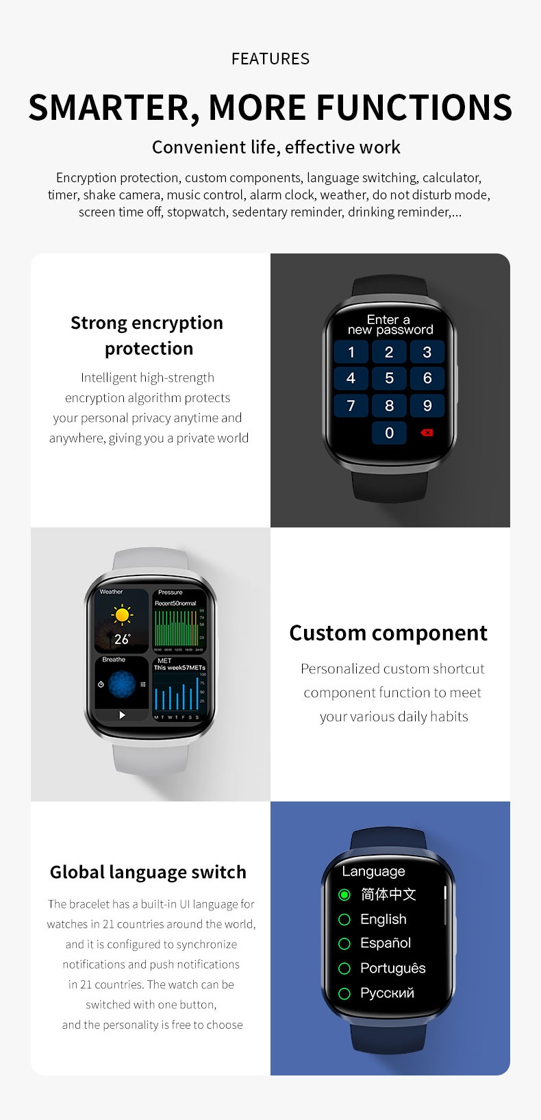 HW23 Smartwatch Custom 250mAH Password Lock Screen Pressure Dial Switch