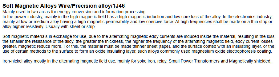 0.02-8mmSoft Magnetic Alloys Wire / Precision Alloy / 1J46