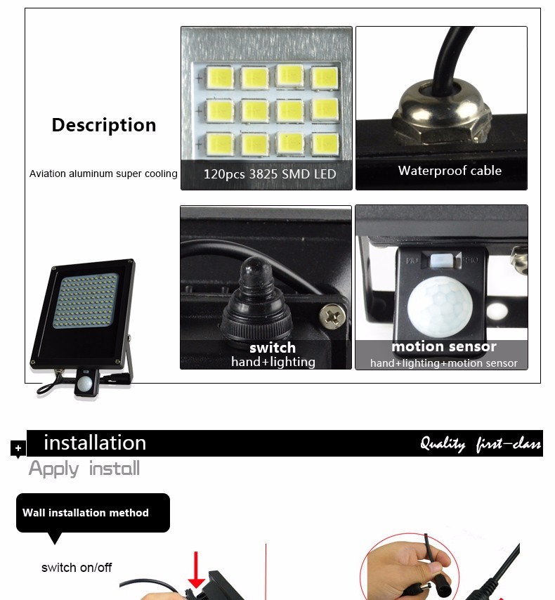 N500E F motion sensor 120 leds solar power waterproof IP 65 solar street flood light