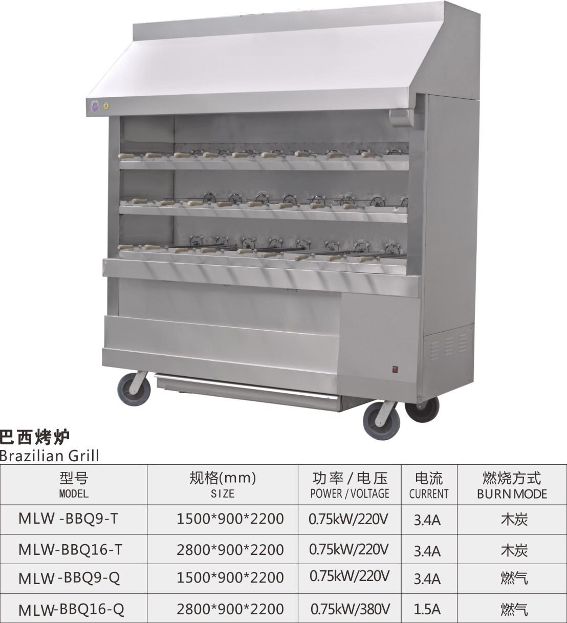 Silvery White Stainless Steel Brazilian Charcoal Oven Burner Commercial Kitchen Equipments