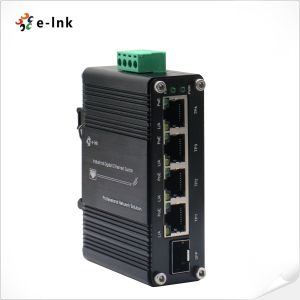 China Mini Industrial Fiber Ethernet Switch 4 Port 10/100/1000T To 1-Port SFP Uplink Gigabit PoE Voltage Booster on sale