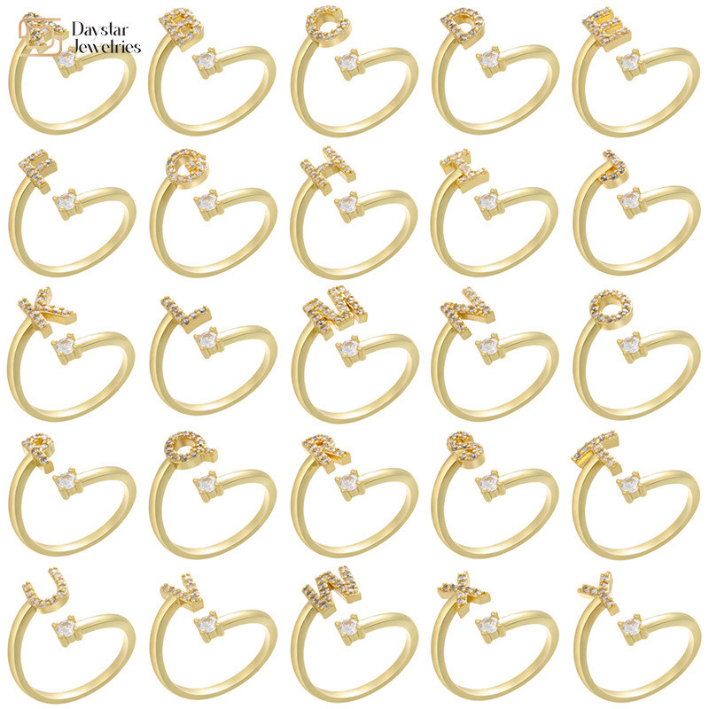 Open Adjustable 18k Gold Plated Diamond Letter Rings Zircon A-Z Alphabet Statement