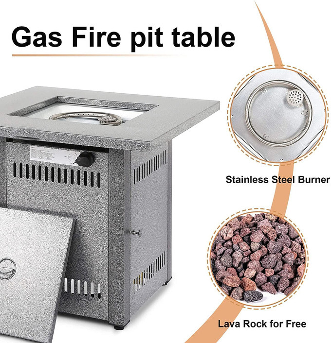 28" Heavy Duty Square Gas Fire Pit Table Impulse Ignition