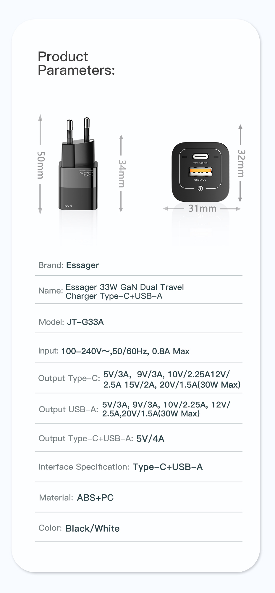 Square Brick USB Port Type C Fast Mobile Phone Charger 30W 5V With EU Plug